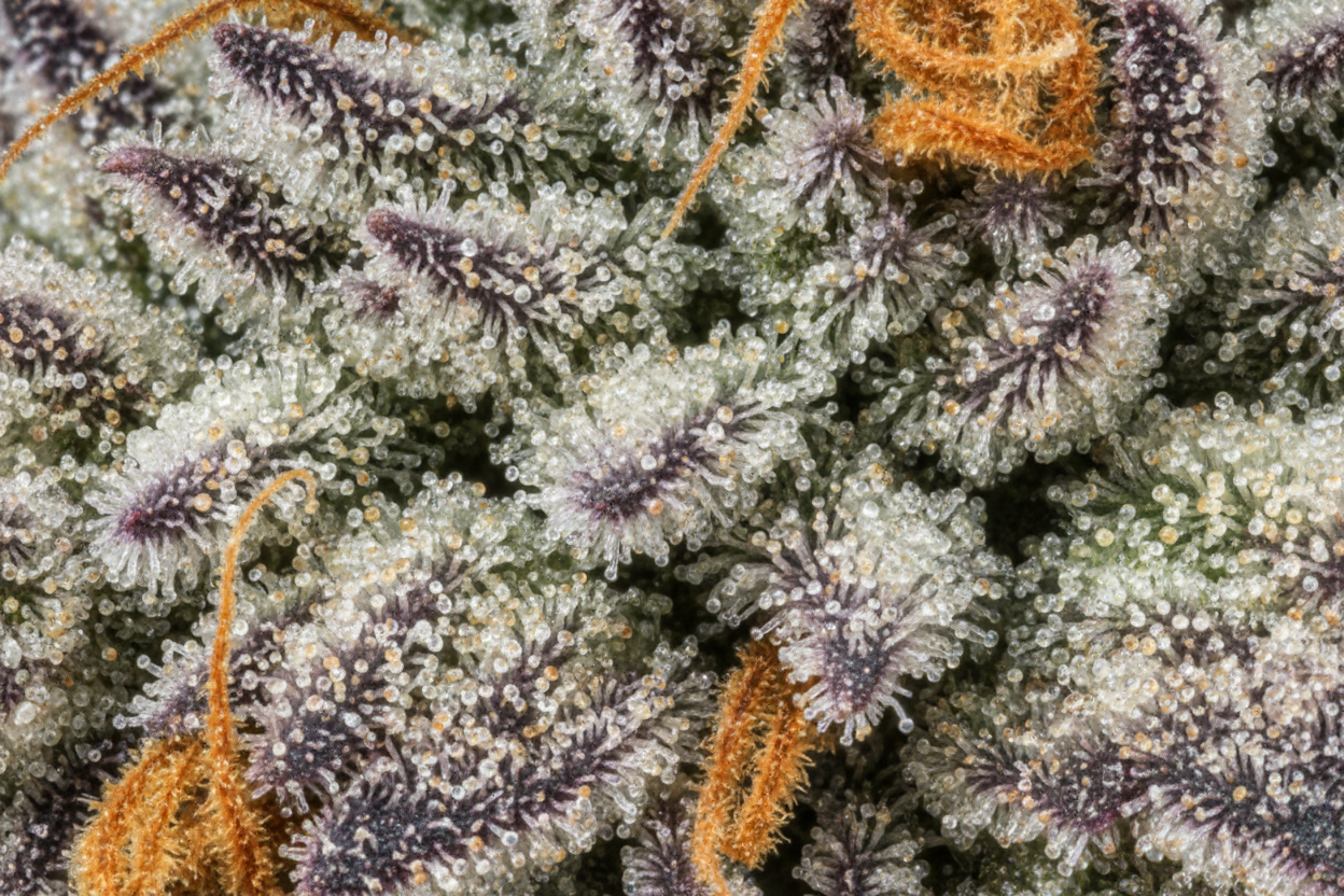 zoomed in surface of a cannabis bud with trichomes